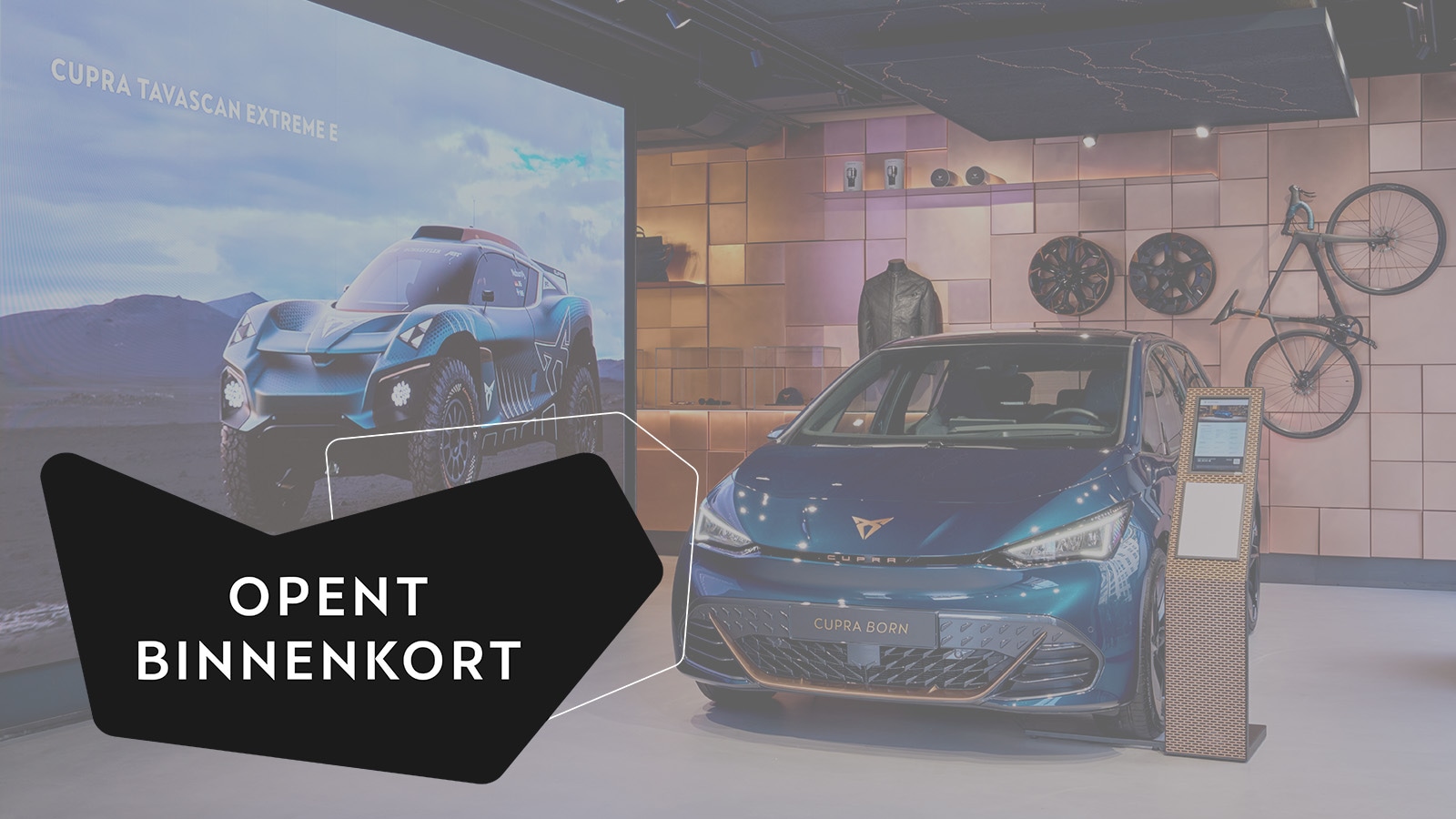 Een showroom in een CUPRA Garage waarop een CUPRA Born te zien is
