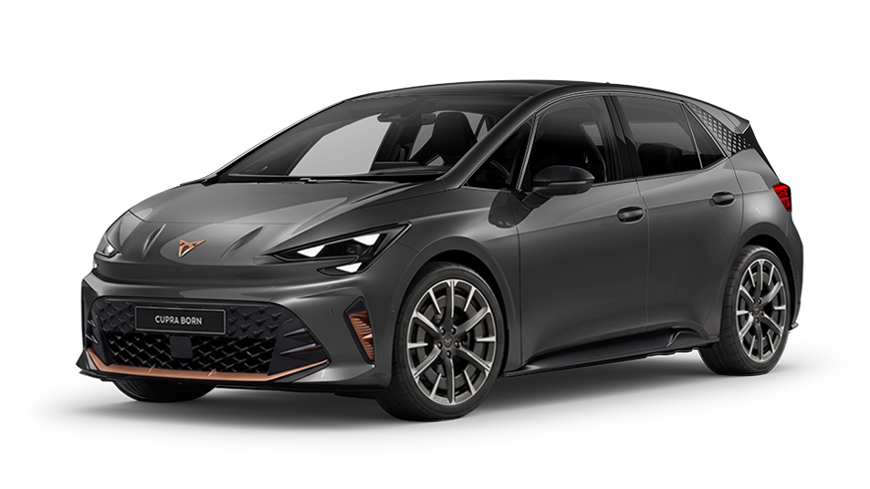 CUPRA Born VZ exterieur in Timanfaya Grey, met 20 inch Copper Firestorm lichtmetalen velgen, tegen een zwarte achtergrond.