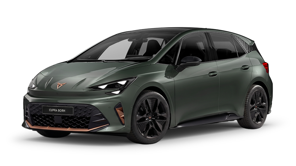 CUPRA Born uitvoering in de kleur Dark Forest, voorzien van 19 inch lichtmetalen velgen in hoogglans Storm