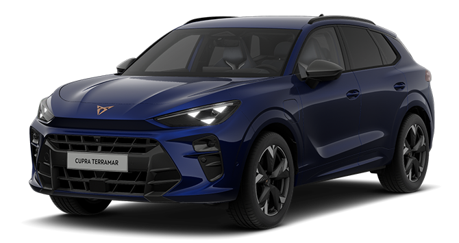 Een gedetailleerde render van de grijze CUPRA Terramar Business, een sportieve SUV met een strak, modern ontwerp en opvallende koplampen.