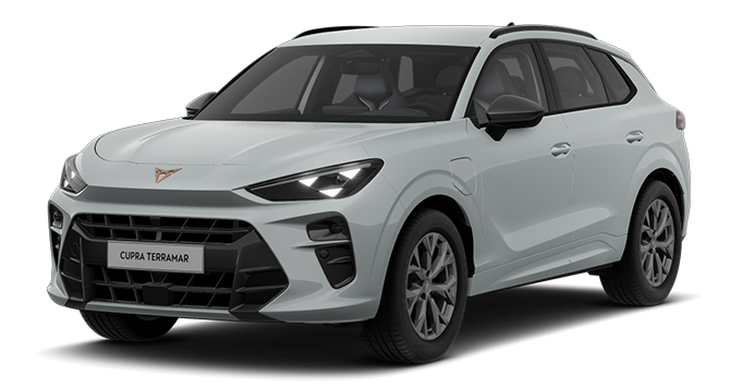 Een gedetailleerde render van de witte CUPRA Terramar Essential, een sportieve SUV met een strak, modern ontwerp en opvallende koplampen.