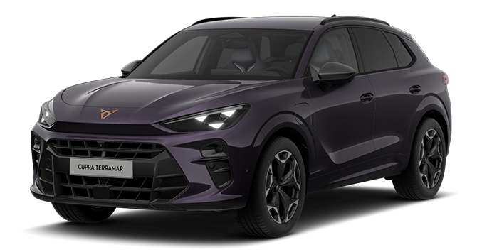 Een gedetailleerde render van de CUPRA Terramar VZ Performance, een sportieve SUV met een strak, modern ontwerp en opvallende koplampen.