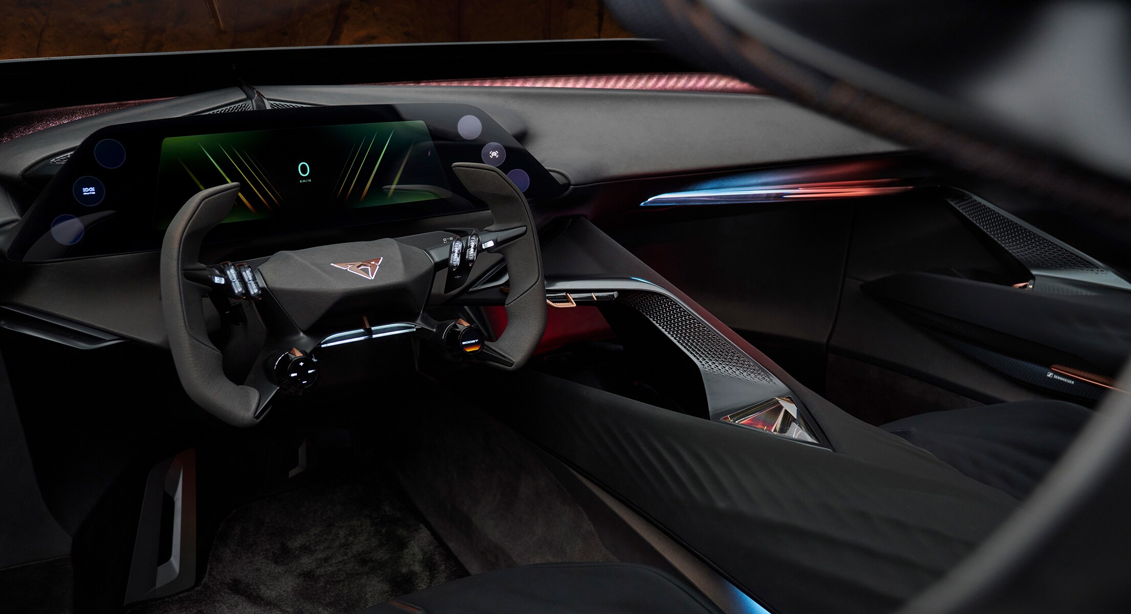 Het interieur van de CUPRA Tindaya showcar het dashboard, het stuur en de cockpit