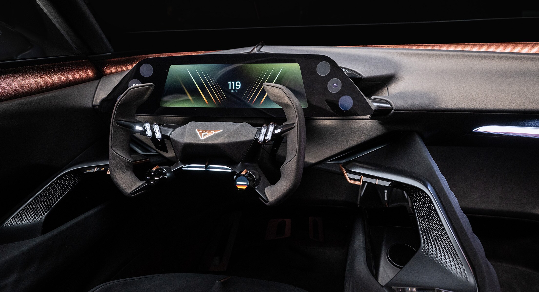 Het interieur van de CUPRA Tindaya showcar het dashboard, het stuur en de cockpit