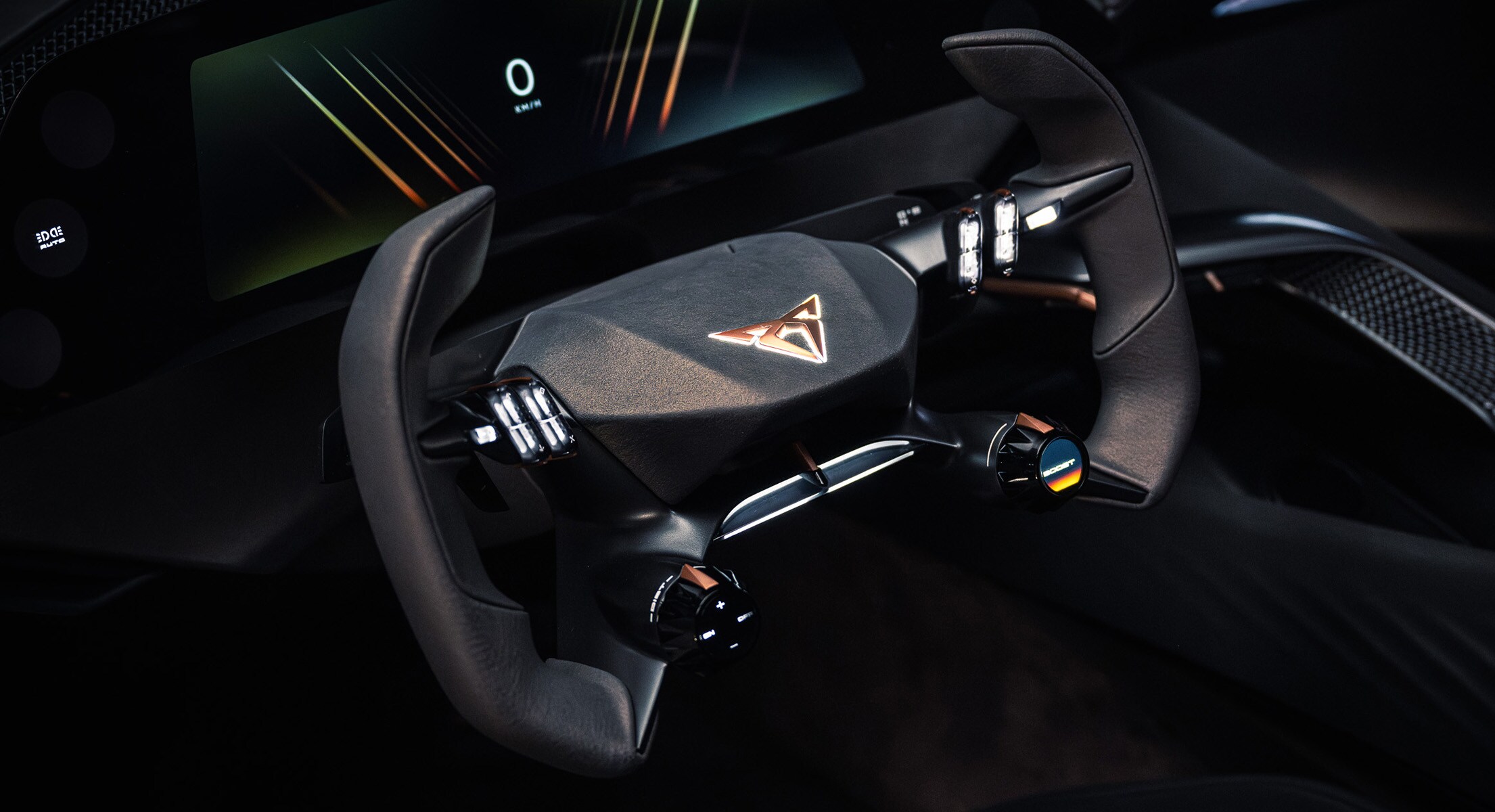 Het interieur van de CUPRA Tindaya showcar close-up van het stuur