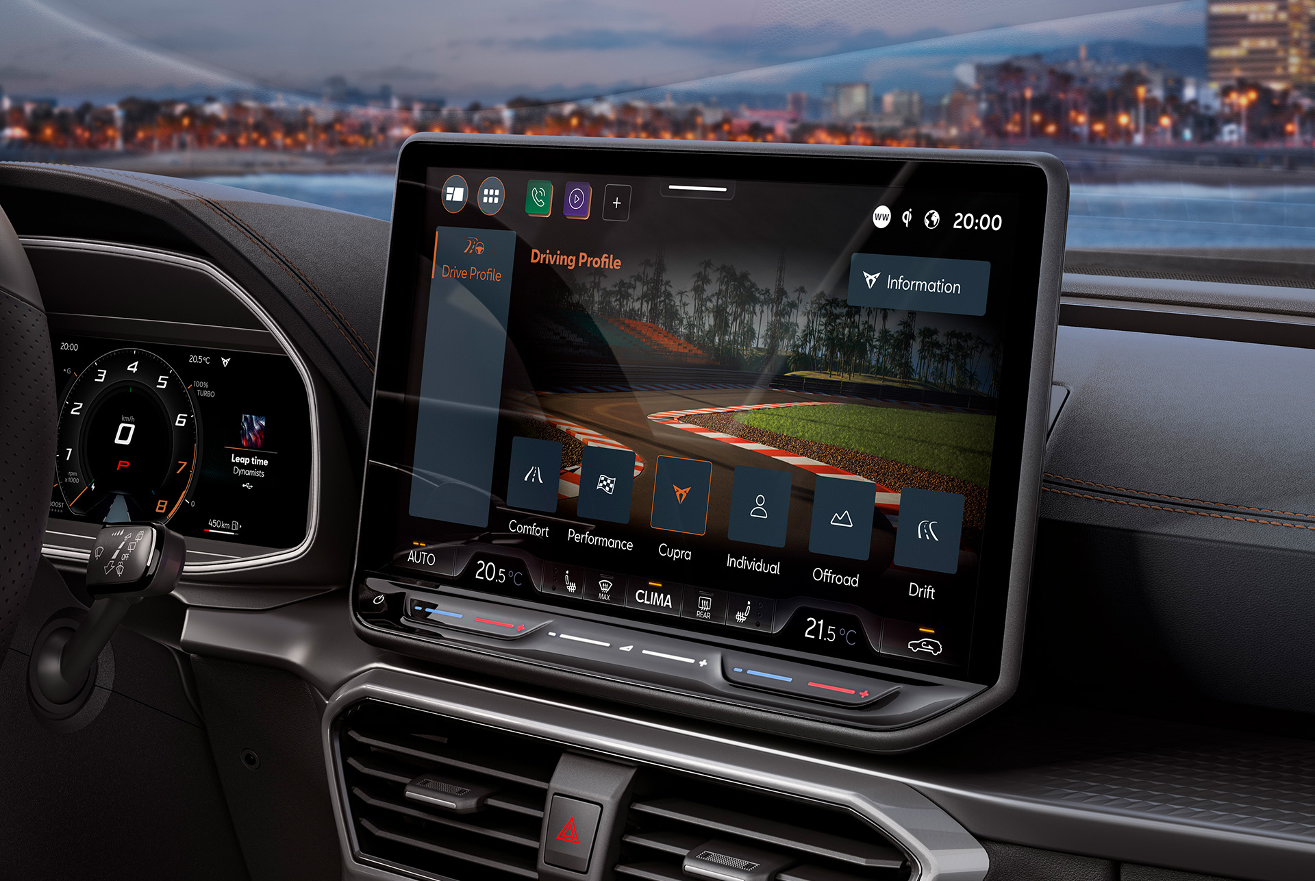 Dashboardaanzicht van de CUPRA Formentor, waarbij je het 12.9 inch infotainmentsysteem ziet.