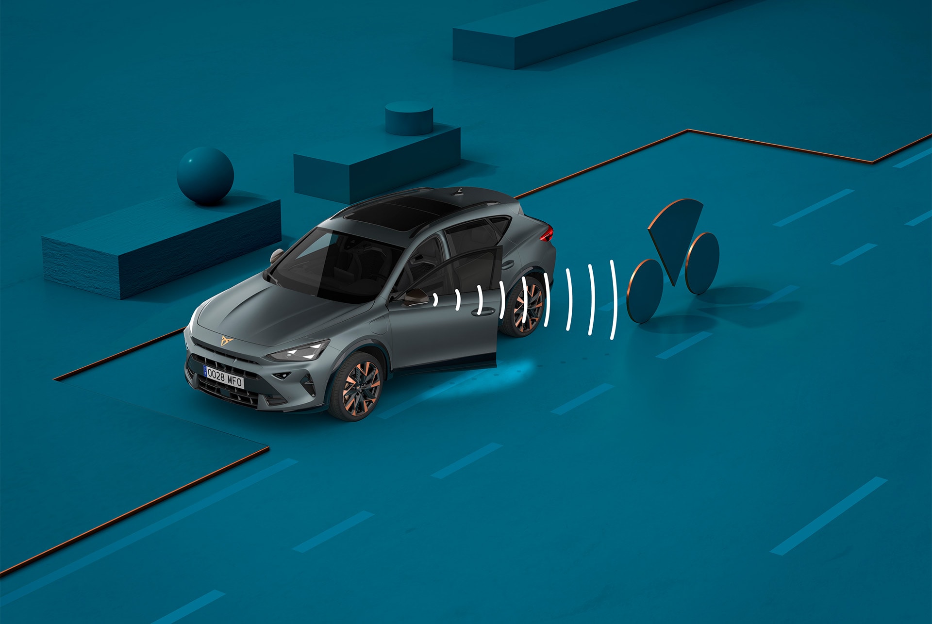Visuele weergave van de werking van Exit warning, waarbij je wordt gewaarschuwd wanneer het niet veilig is om de auto uit te stappen.