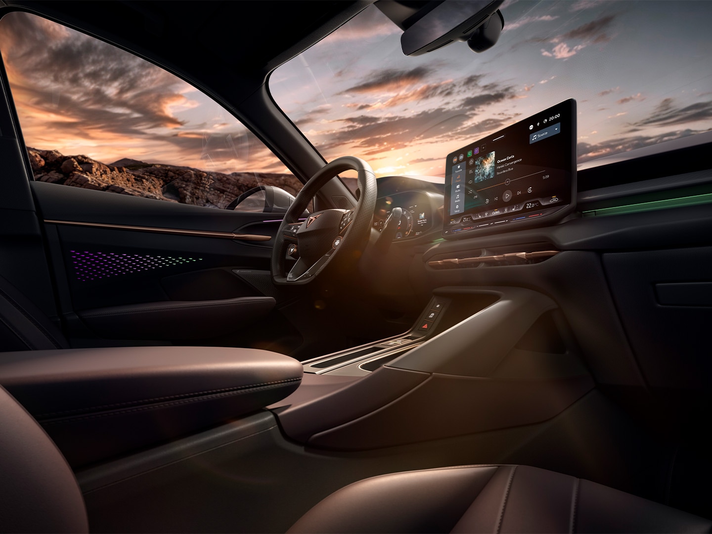 Details van het High Canyon-interieur, zoals de stoelen in Dark Burgundy en het dashboard.