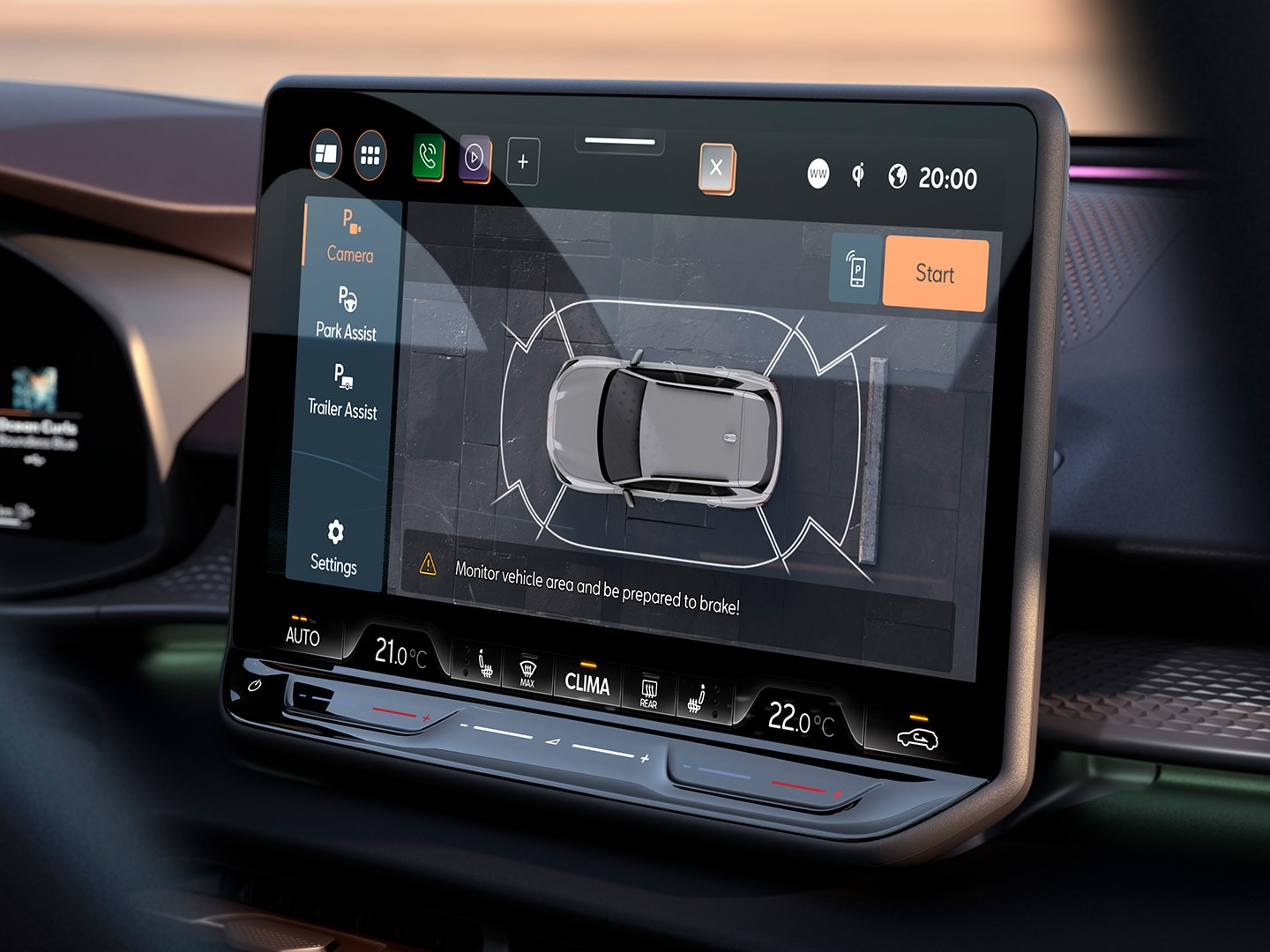 Details van de CUPRA Terramar, met de Top View Camera, Travel Assist en Intelligent Park Assist.
