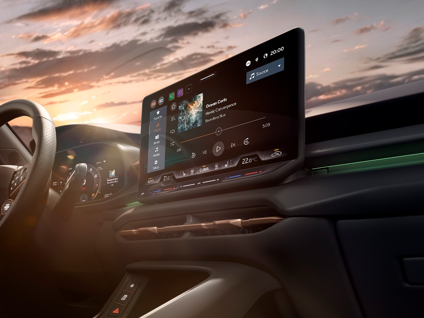 CUPRA Terramar interieur met 12,9 inch infotainmentsysteem, schakelpaddles aan het stuur en koperkleurige dashboardaccenten.