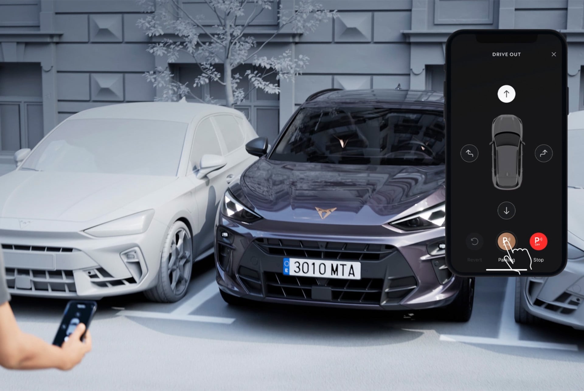 Animatie van de Remote Park Assist in de CUPRA Terramar, die laat zien hoe de auto op afstand geparkeerd kan worden via een smartphone voor optimaal gemak en innovatie.