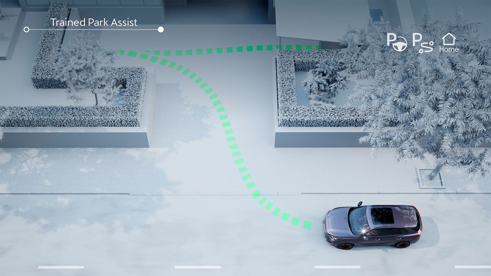 Animatie van de Intelligent Park Assist en Trained Park Assist in de CUPRA Terramar, die laat zien hoe geavanceerde assistentiesystemen helpen bij semi-autonoom rijden en parkeren.