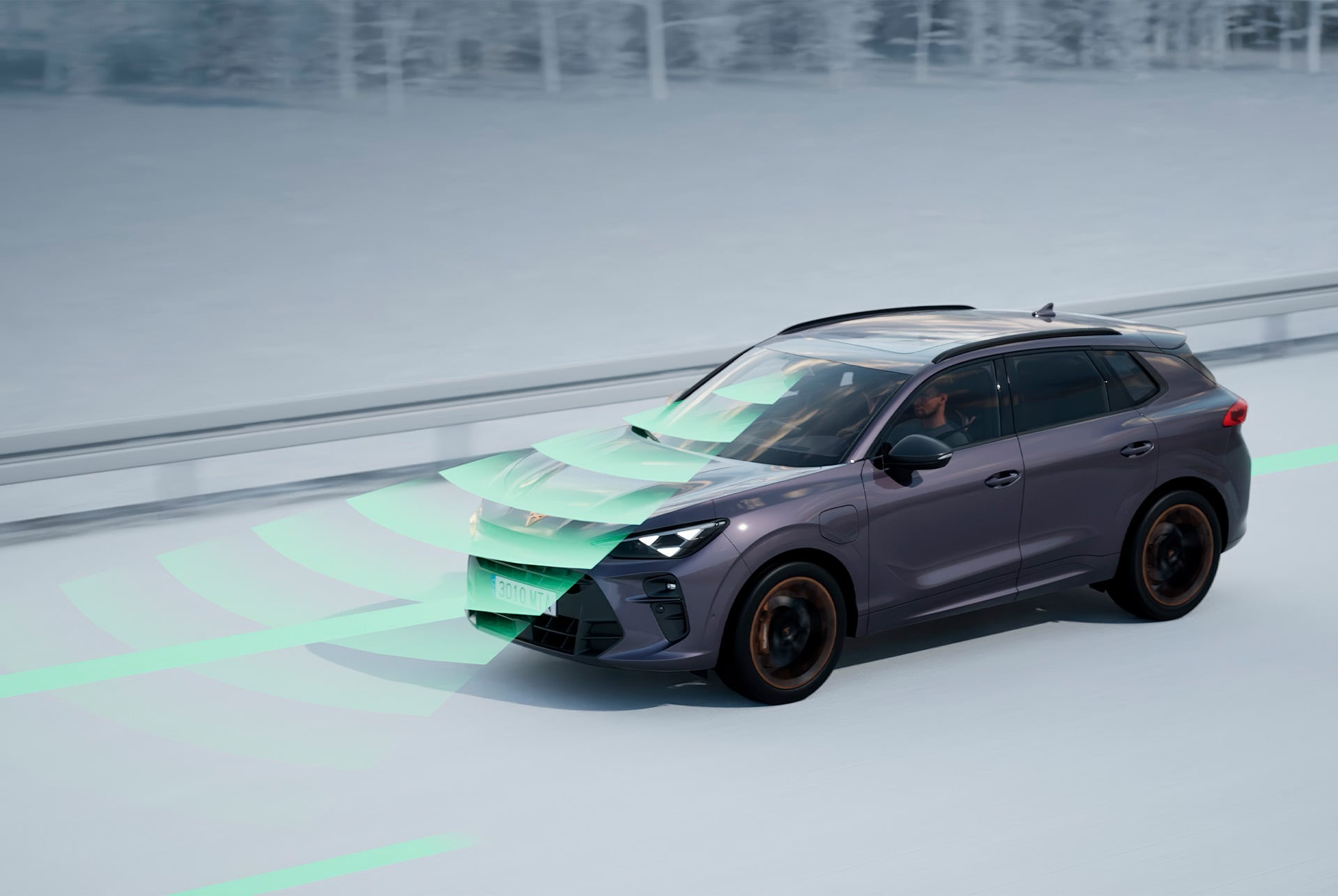 Animatie van de Travel Assist functie in de CUPRA Terramar, die de geavanceerde assistentiesystemen voor een veilige en comfortabele rit demonstreert.