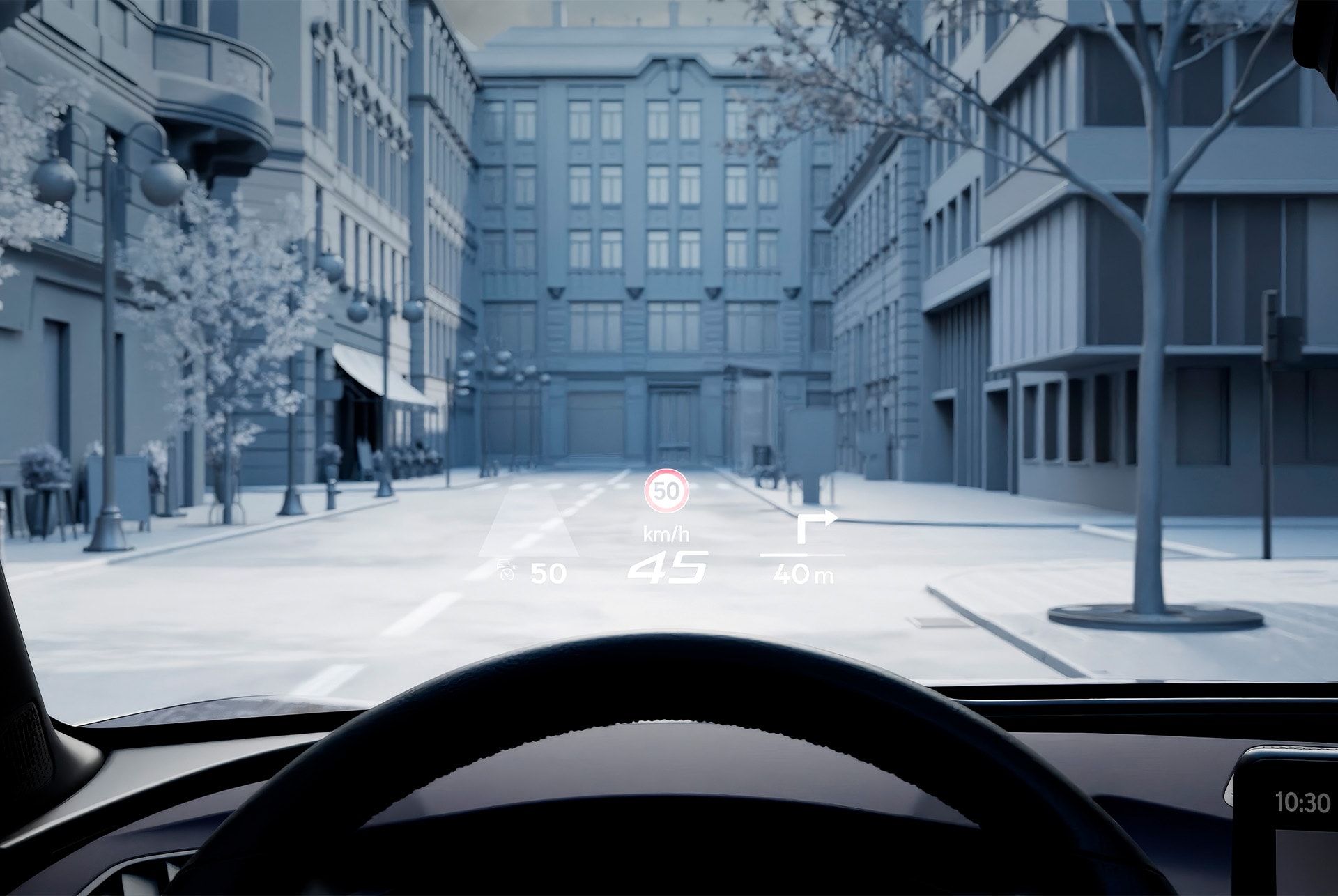 Animatie van het Head-up Display in de CUPRA Terramar, waarbij relevante rij-informatie direct op de voorruit wordt geprojecteerd.